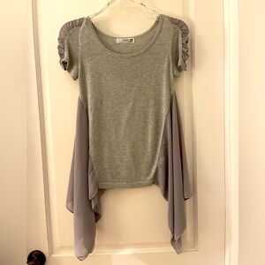MAK B gray/shiny silver, knit and chiffon type fabric SZ “s” blouse.